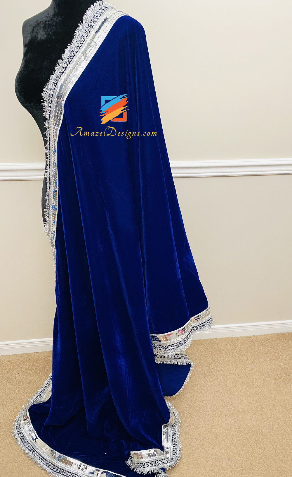 Velluto Blu Scialle Argento Sitara Kirna Vala Gotta Pizzo