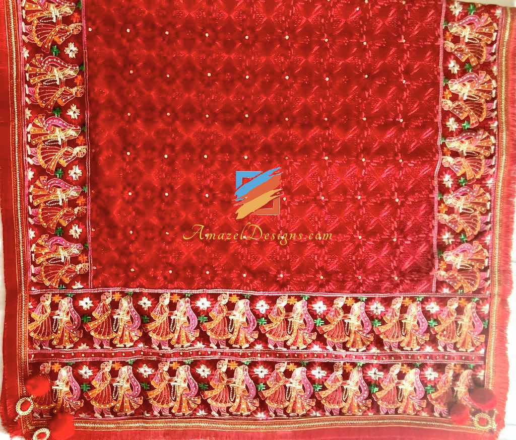 Mutyara Velvet Fulkari Red Four Side Heavy Work with Latkan