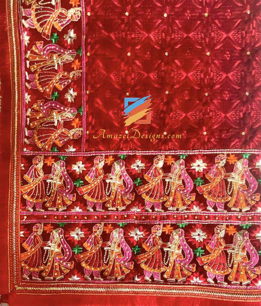 Mutyara Velvet Fulkari Red Four Side Heavy Work with Latkan