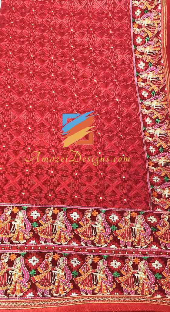 Mutyara Velvet Fulkari Red Four Side Heavy Work with Latkan
