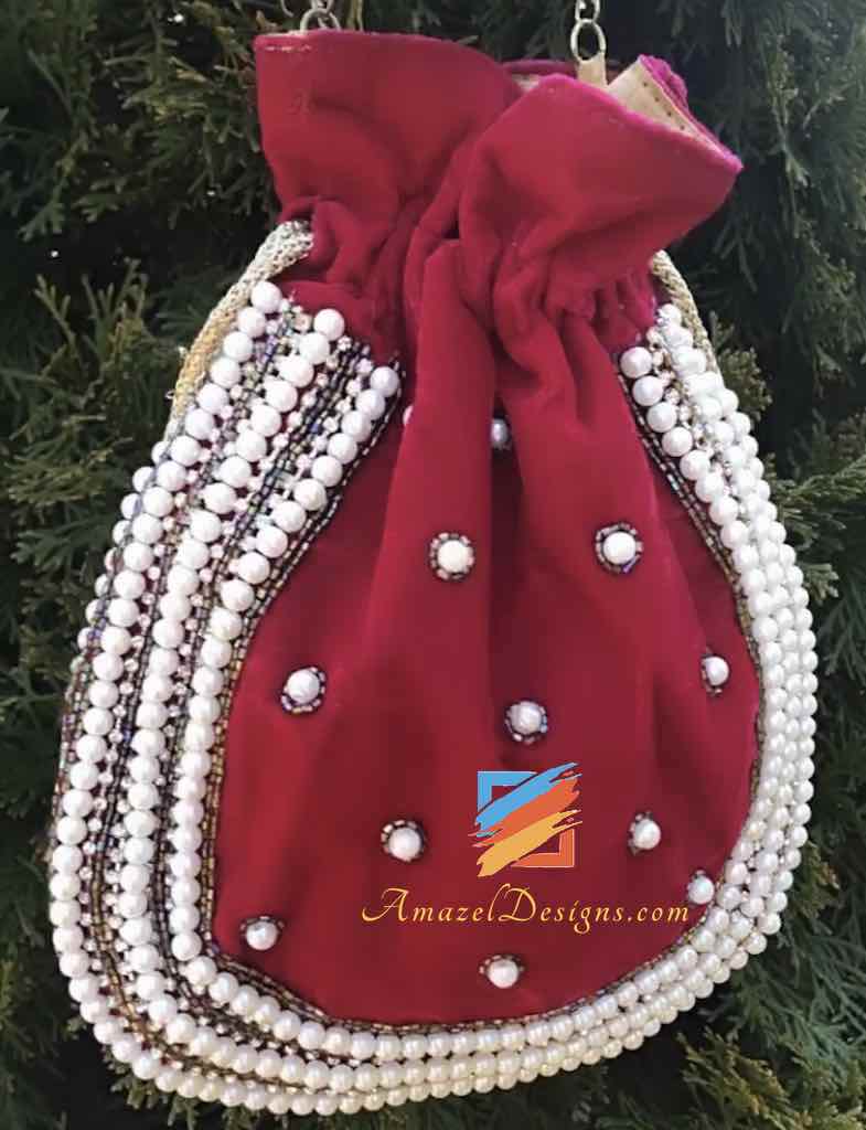 Velvet Magenta Hot Pink Swarovski Pearl Potli