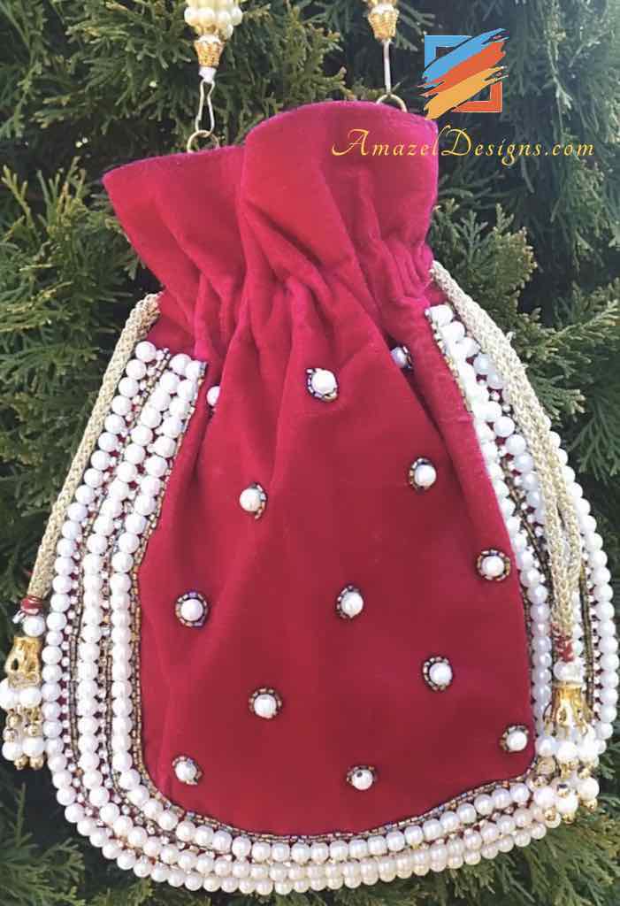 Velvet Magenta Hot Pink Swarovski Pearl Potli