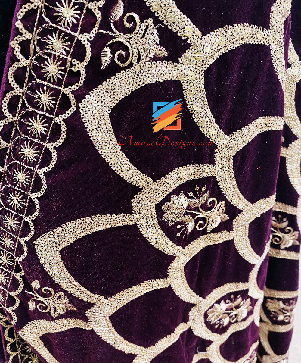 Velvet Shawl Wine Purple All Over Tilla Sitara Work