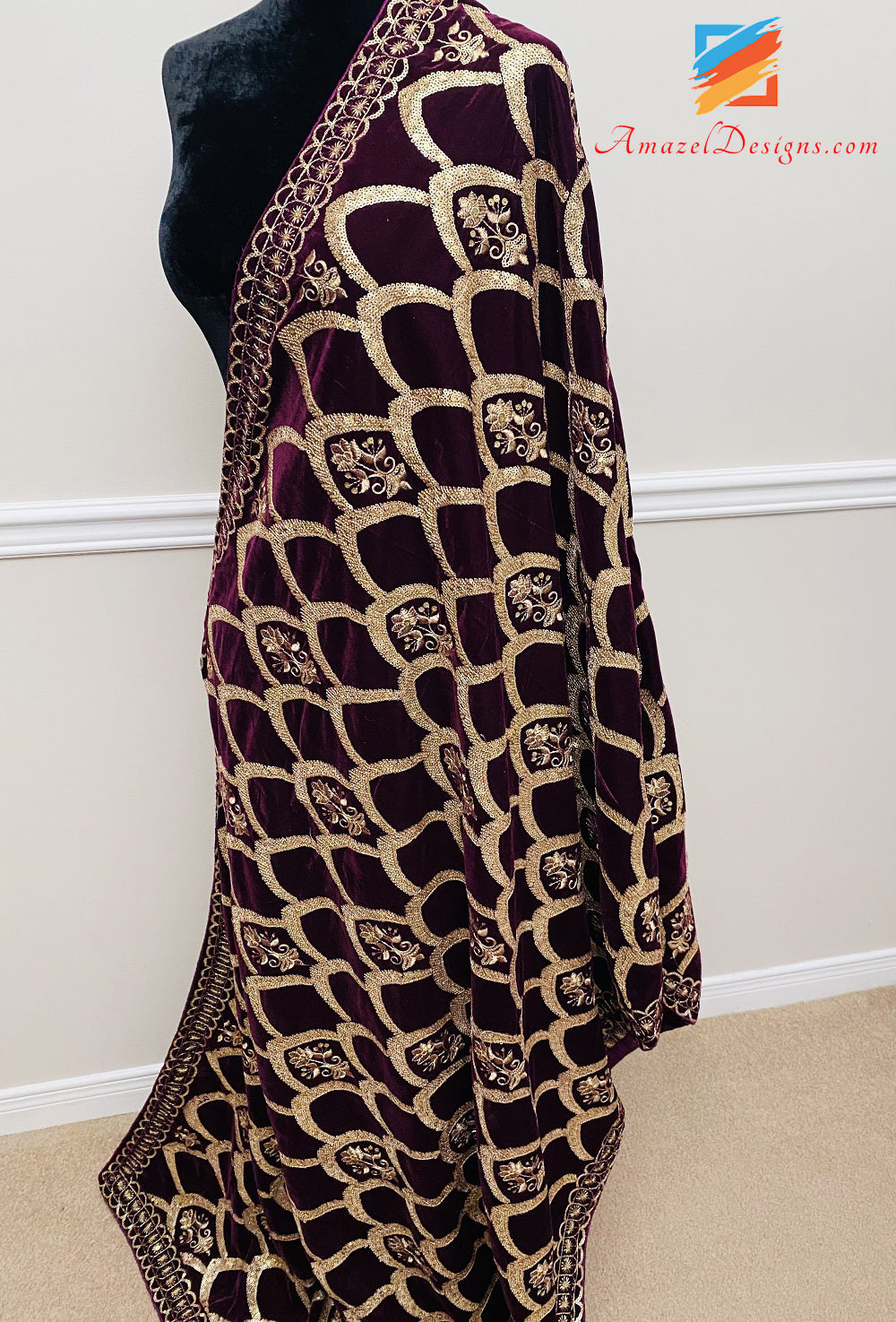 Velvet Shawl Wine Purple All Over Tilla Sitara Work