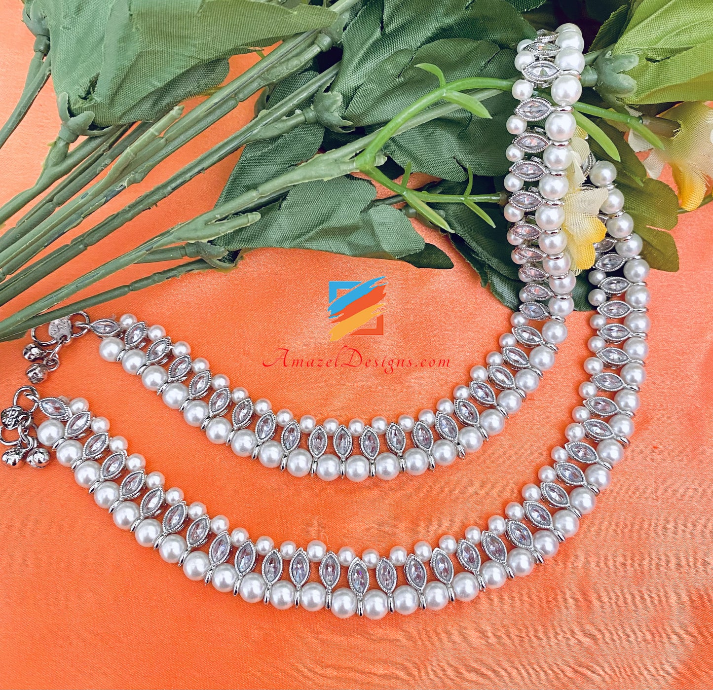 White Beads Silver Polki Payal