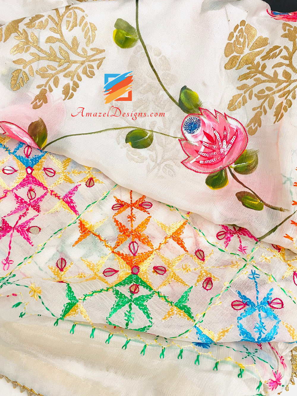 Weiße handbemalte Gotta Patti und Sippi Sitara Arbeit Fulkari Dupatta