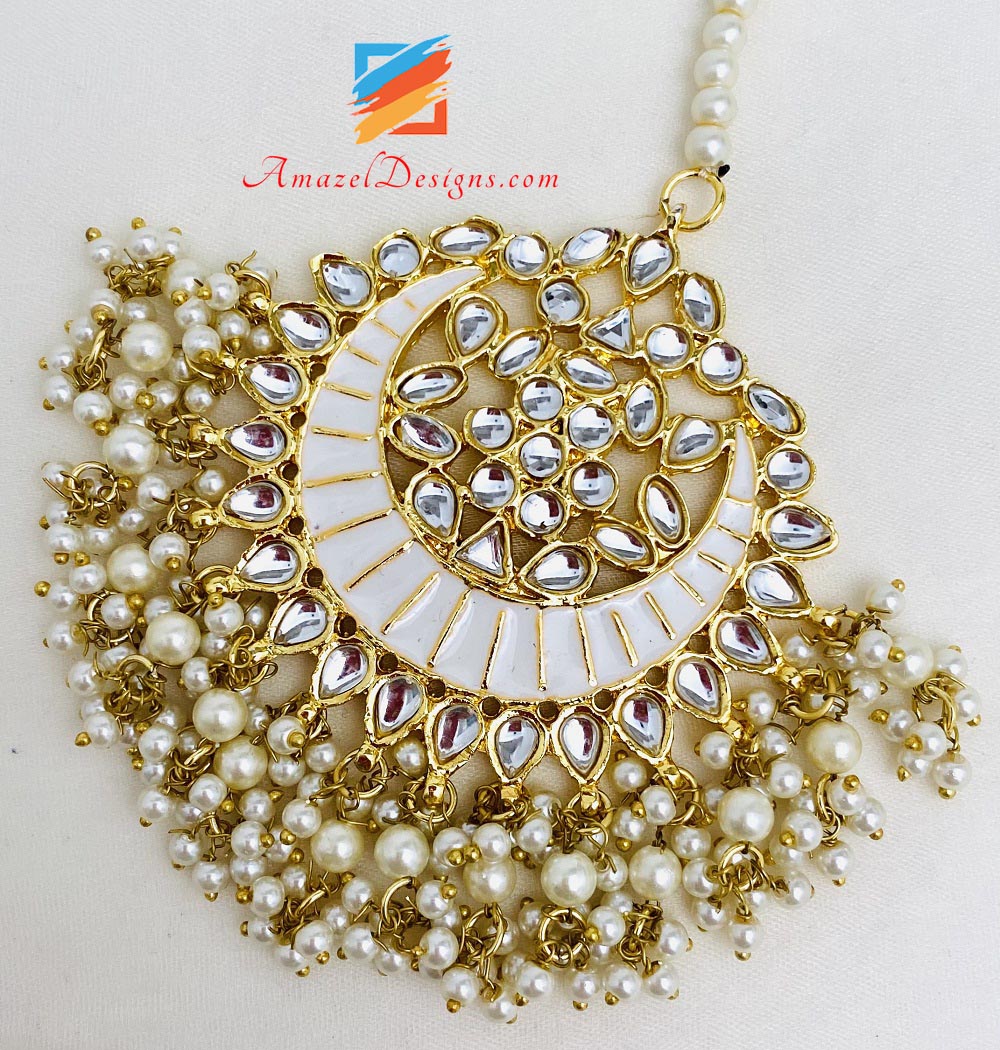 White Painted Kundan Oversized Earrings Tikka Set
