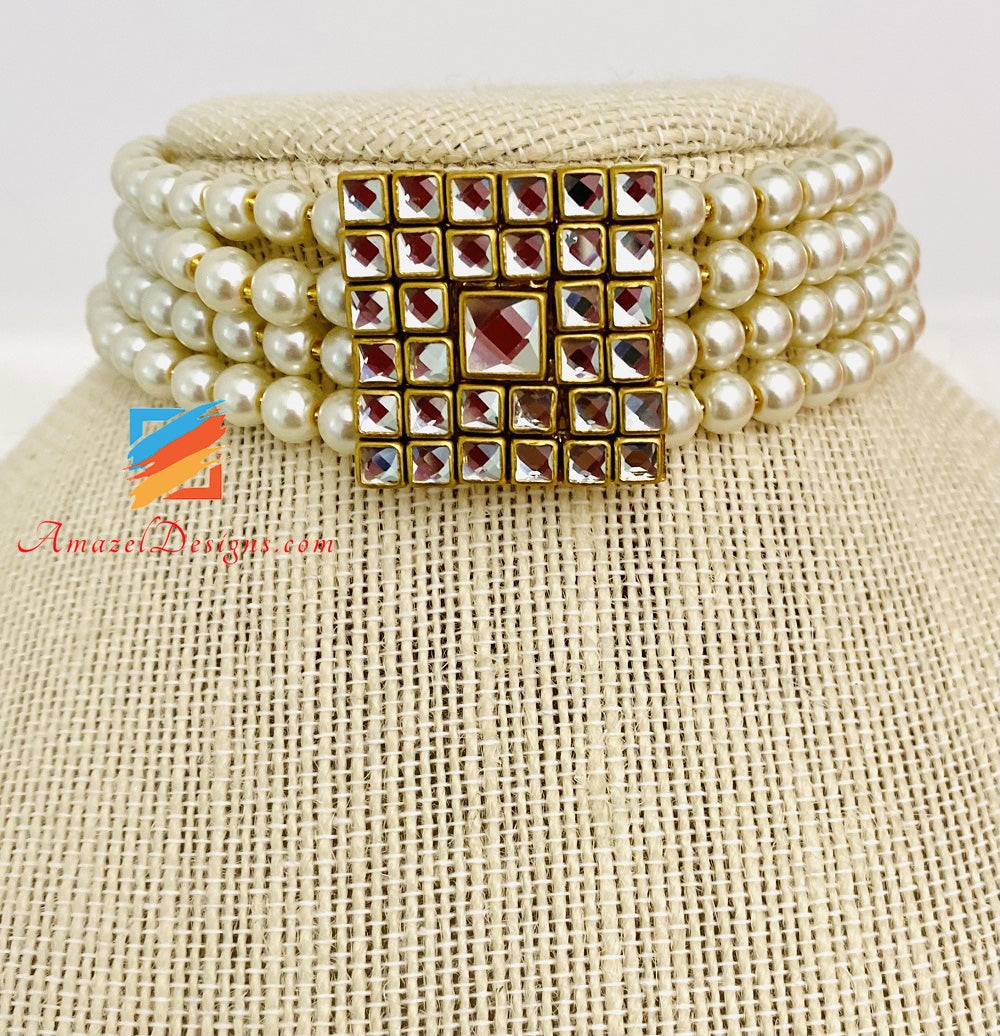 White Pearls Kundan Lightweight Flexible Choker Studs Set
