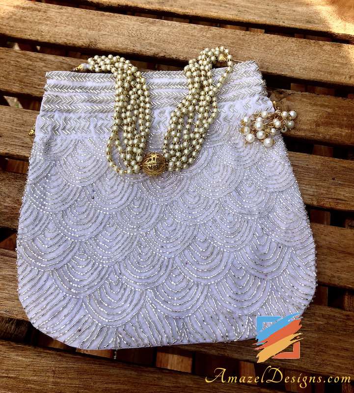 White Potli with Silver Glass Beads Work