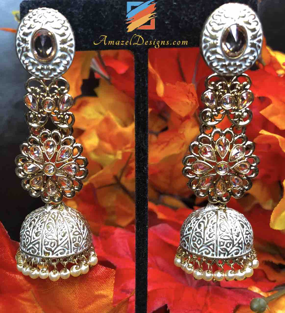 White Greyish Painted Polki Jhumki Earrings