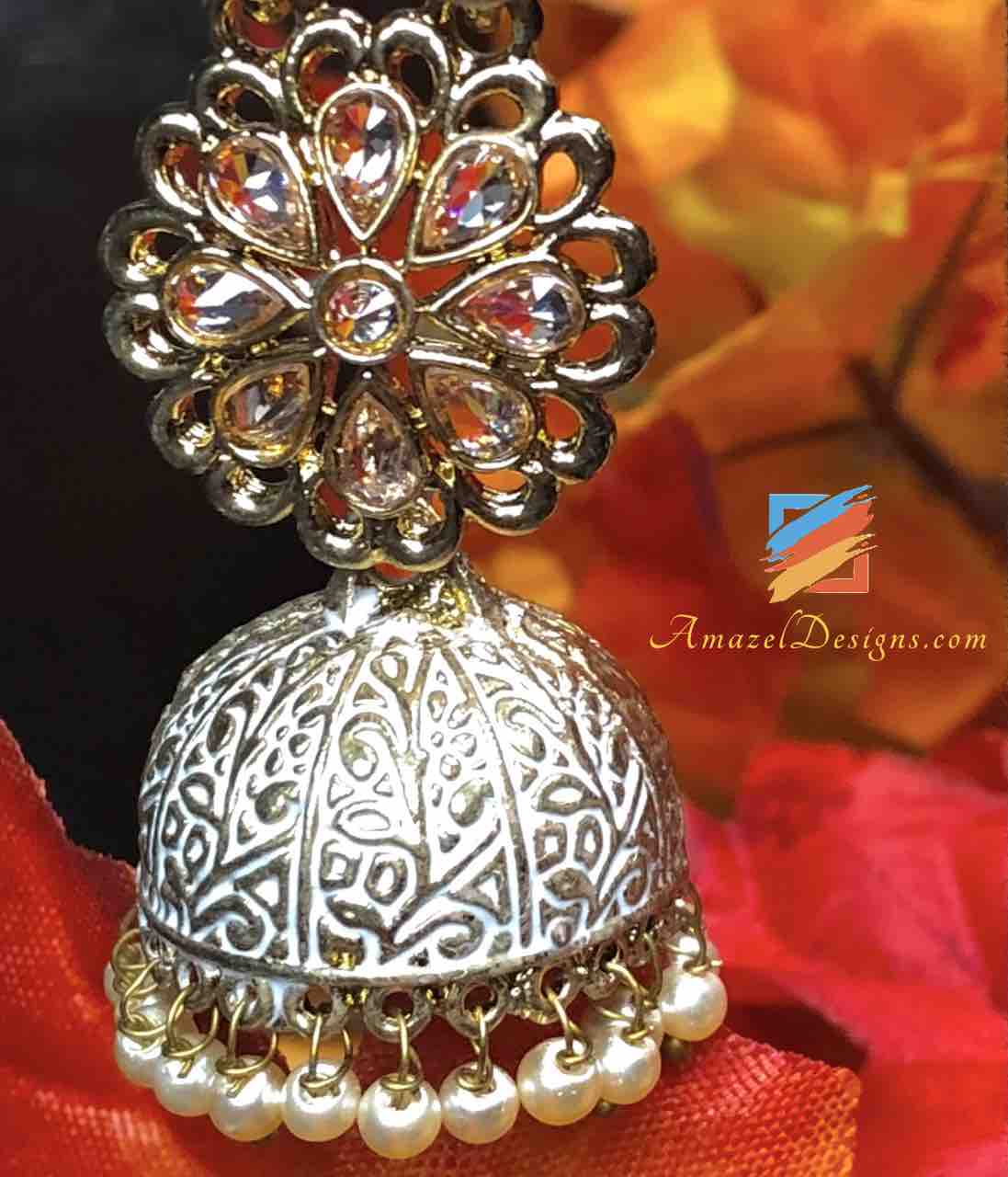 White Greyish Painted Polki Jhumki Earrings
