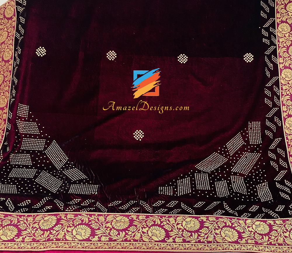 Wine Colour Kundan Velvet Shawl