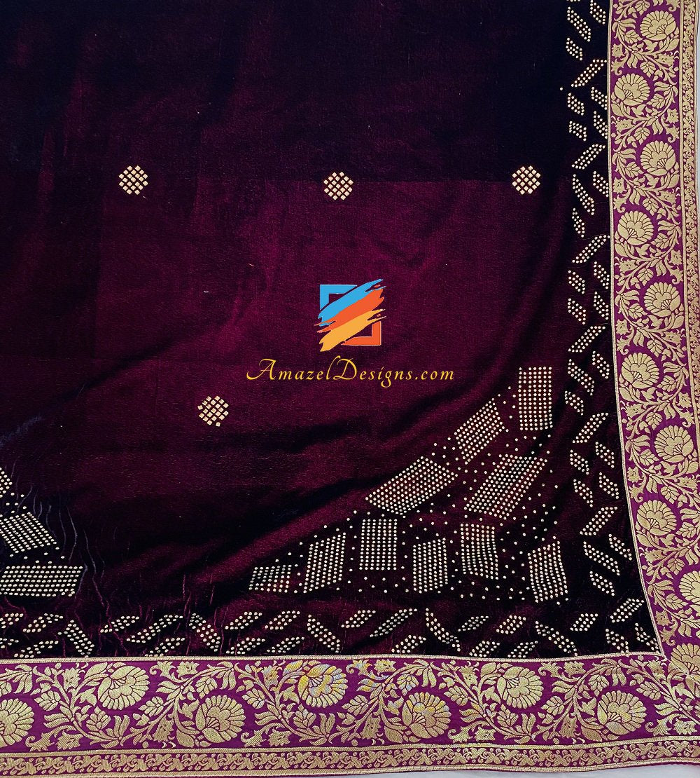 Wine Colour Kundan Velvet Shawl