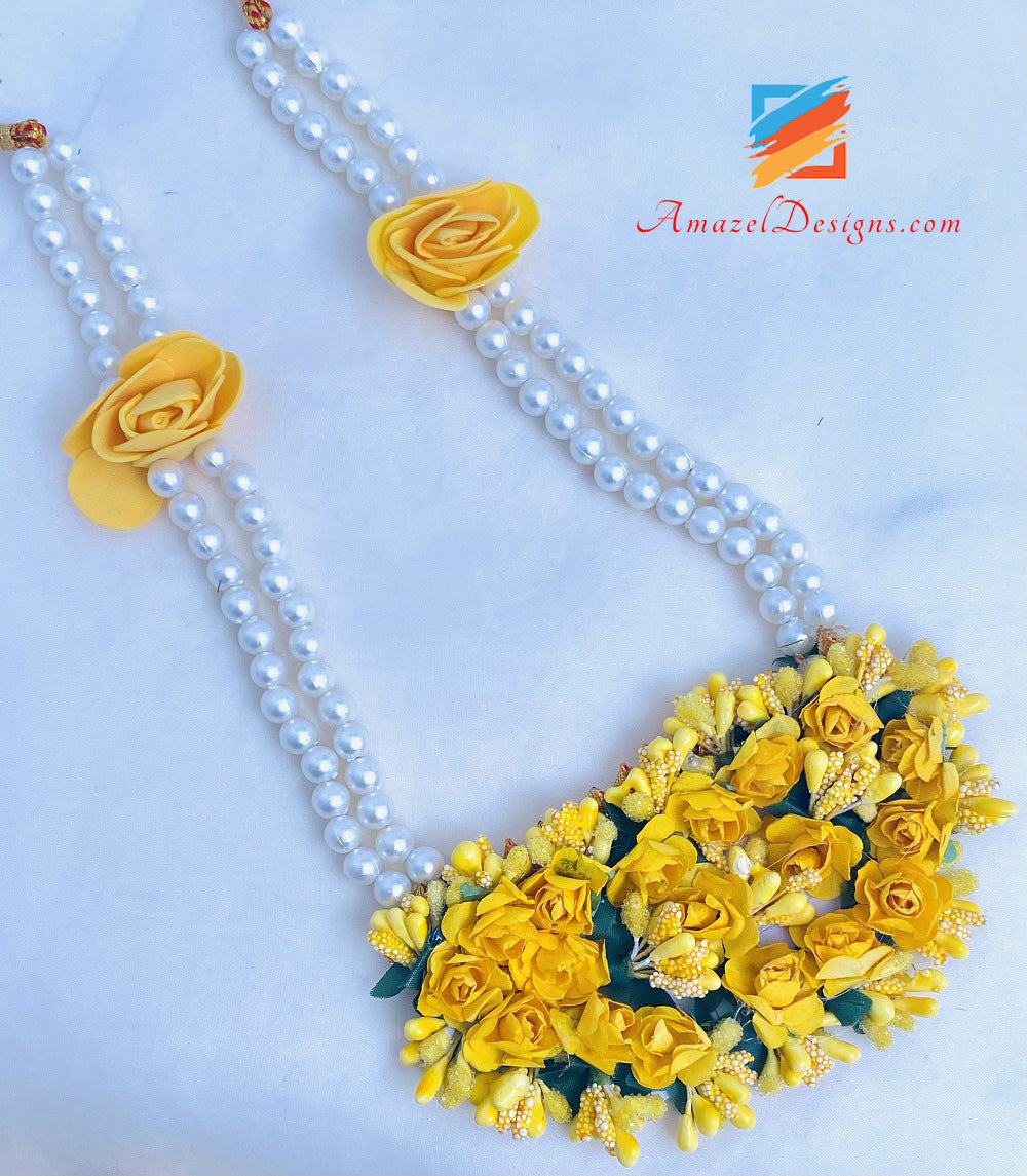 Yellow Flower Choker Necklaces With White Pearls