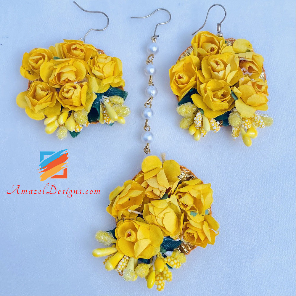 Yellow Flower Choker Necklaces With White Pearls