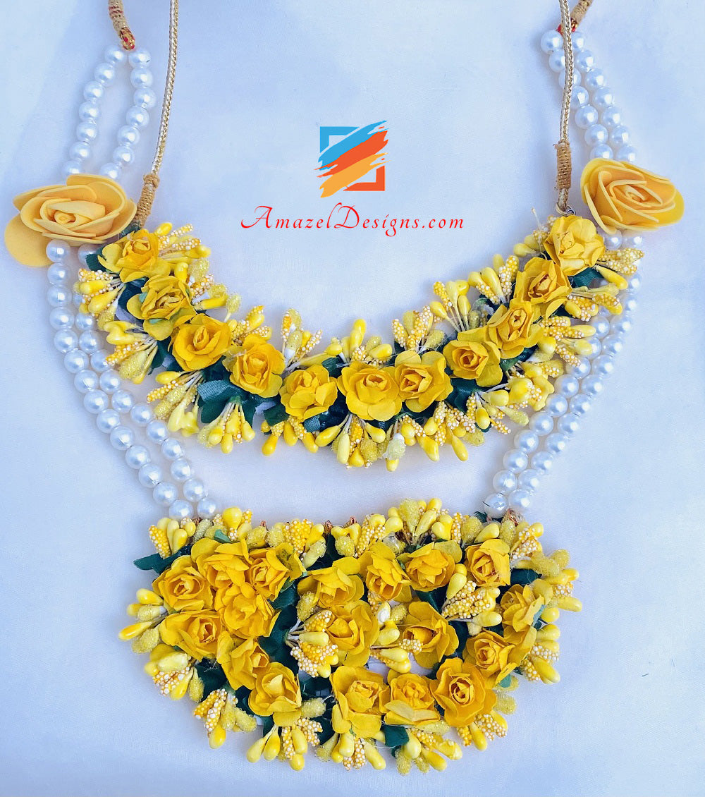 Yellow Flower Choker Necklaces With White Pearls