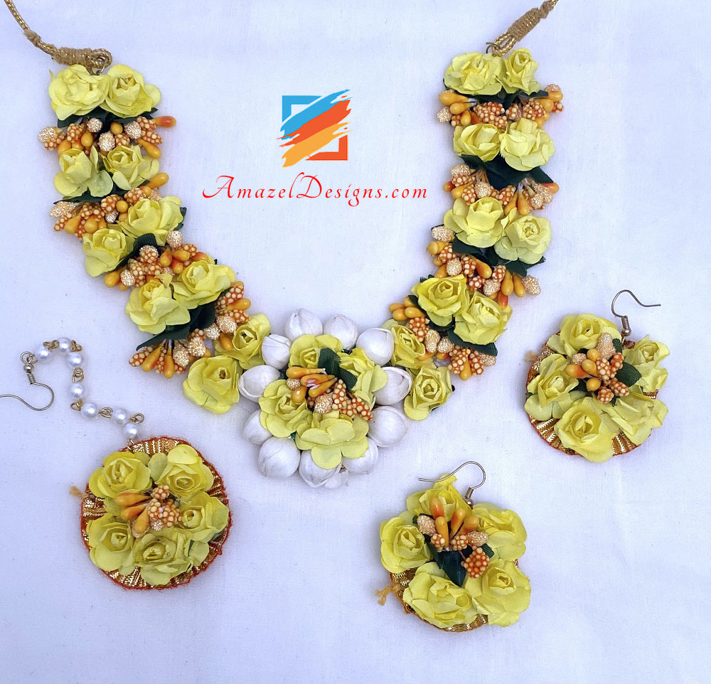 Yellow Flower Necklace Earrings Tikka Set