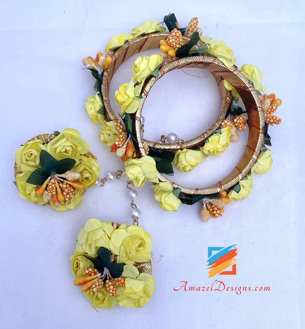 Yellow Flower Necklace Earrings Tikka Set