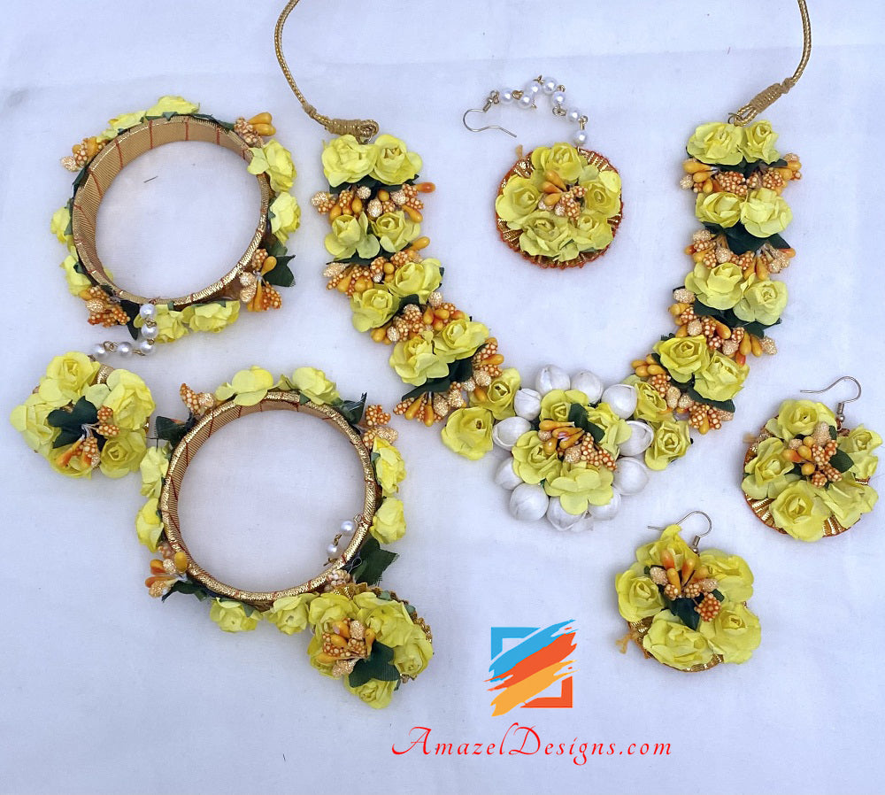 Yellow Flower Necklace Earrings Tikka Set