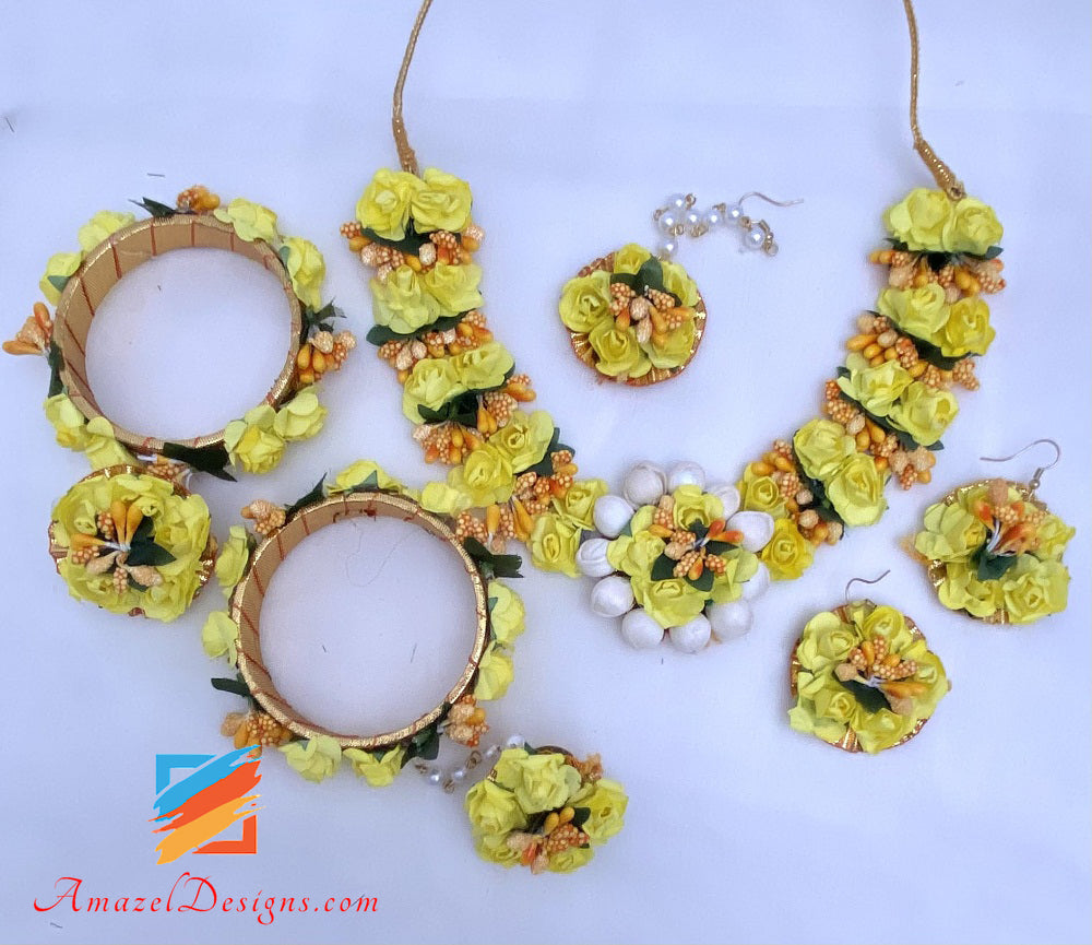 Yellow Flower Necklace Earrings Tikka Set