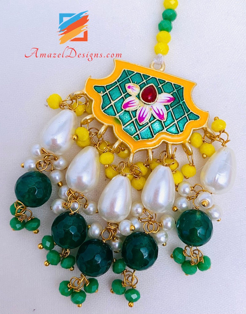 Yellow Green Meenakari Lightweight Waliyaan with Tikka Set