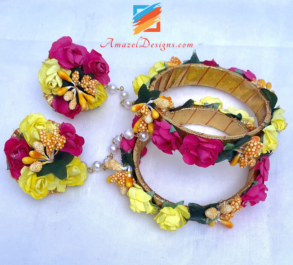Yellow Hot Pink Flower Necklace Earrings Tikka Set