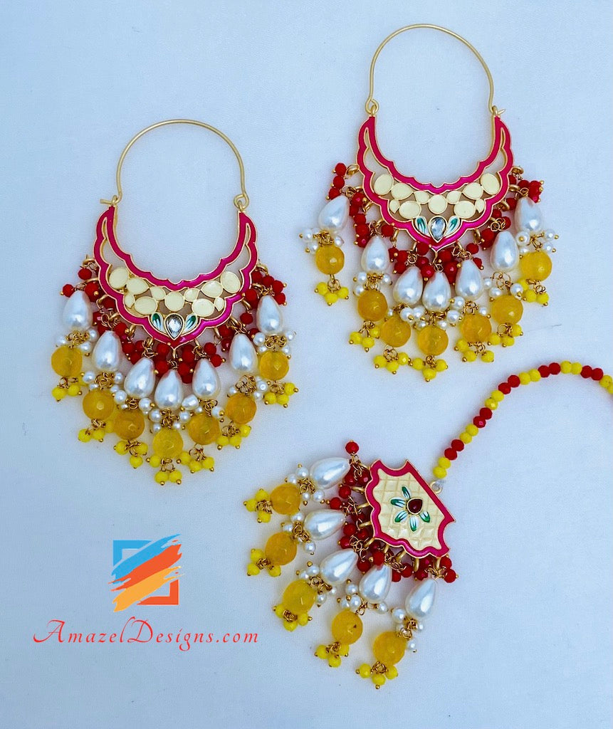 Yellow Lightweight Meenakari Hand painted Waliyaan Tikka Set