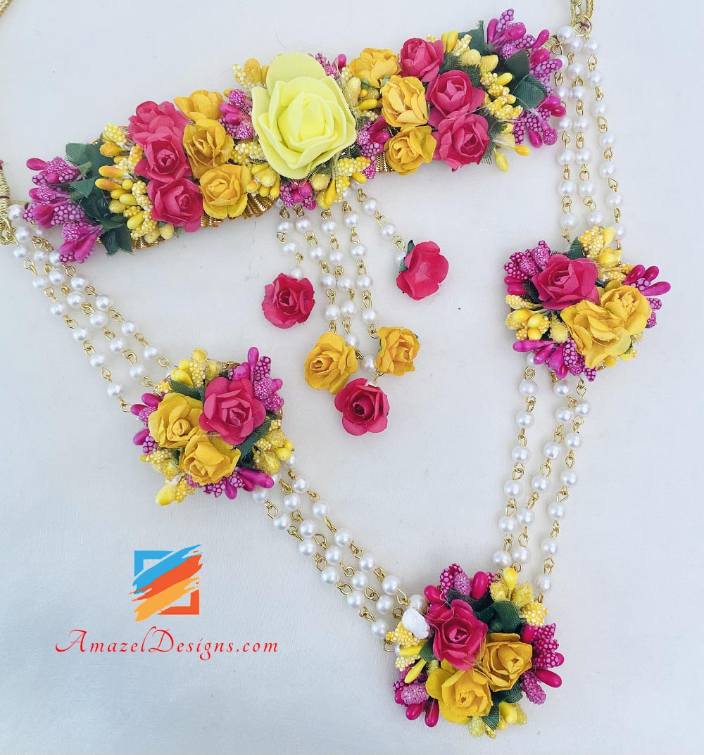 Yellow Magenta Choker With Long Mala Earrings Tikka