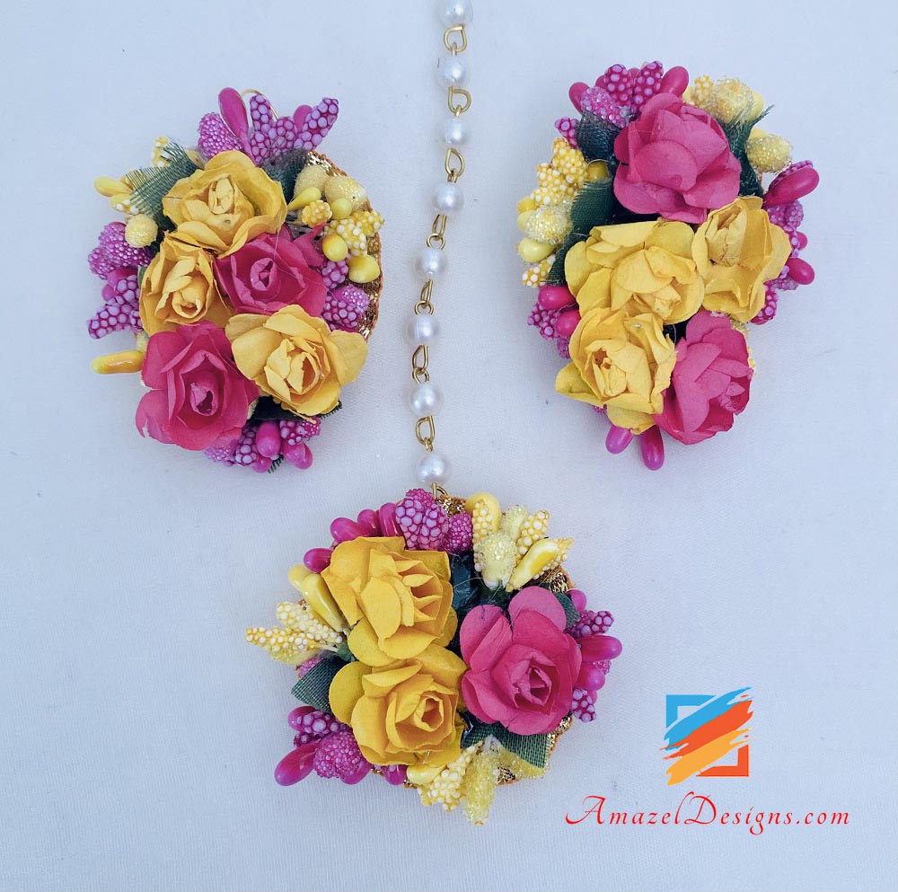 Yellow Magenta Choker With Long Mala Earrings Tikka
