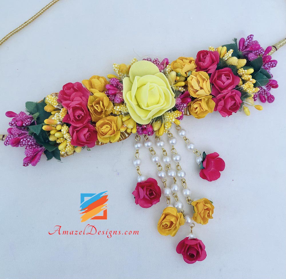 Yellow Magenta Choker With Long Mala Earrings Tikka