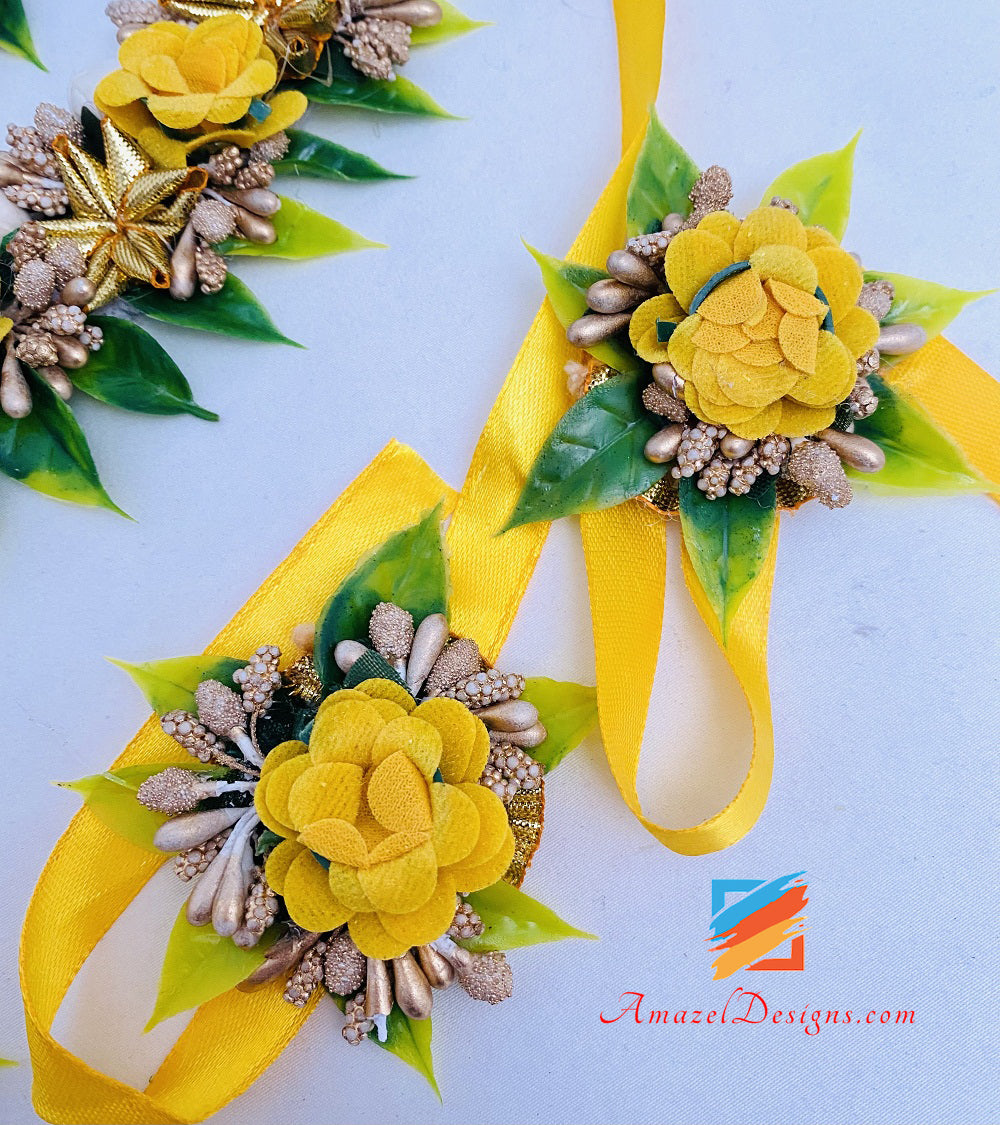 Collana gialla Orecchini Jhumka Hand Pieces Tikka Flower Set