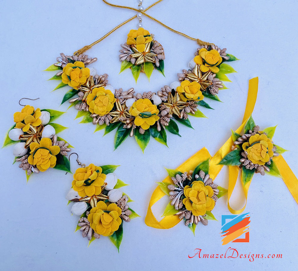 Collana gialla Orecchini Jhumka Hand Pieces Tikka Flower Set