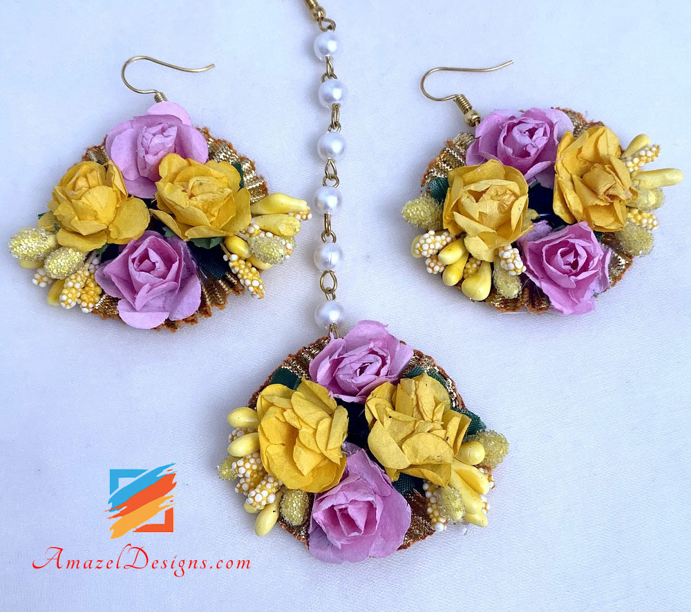 Yellow Pink Long And Choker Double Necklaces Flower Jewellery