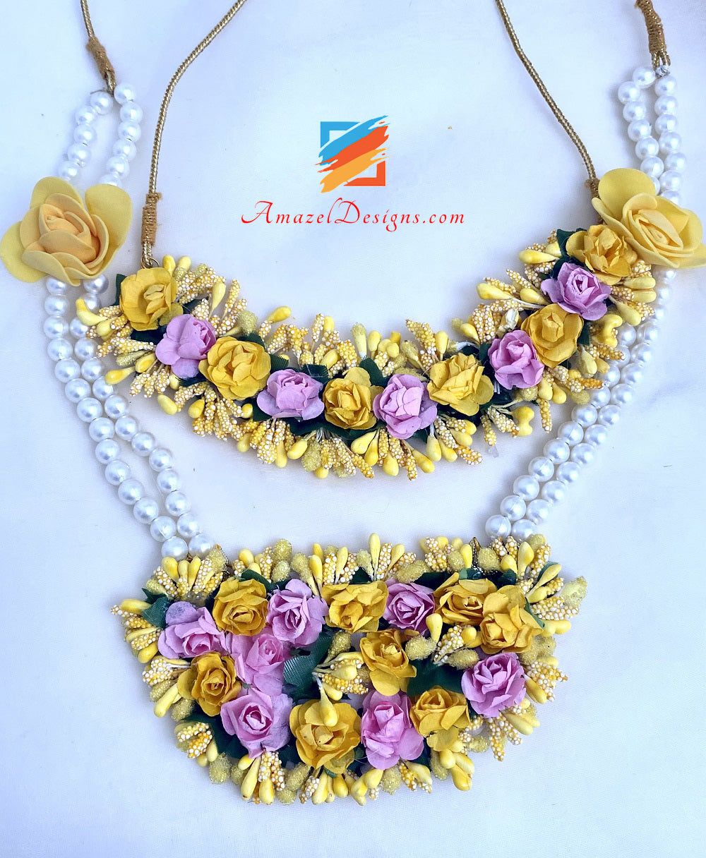Yellow Pink Long And Choker Double Necklaces Flower Jewellery