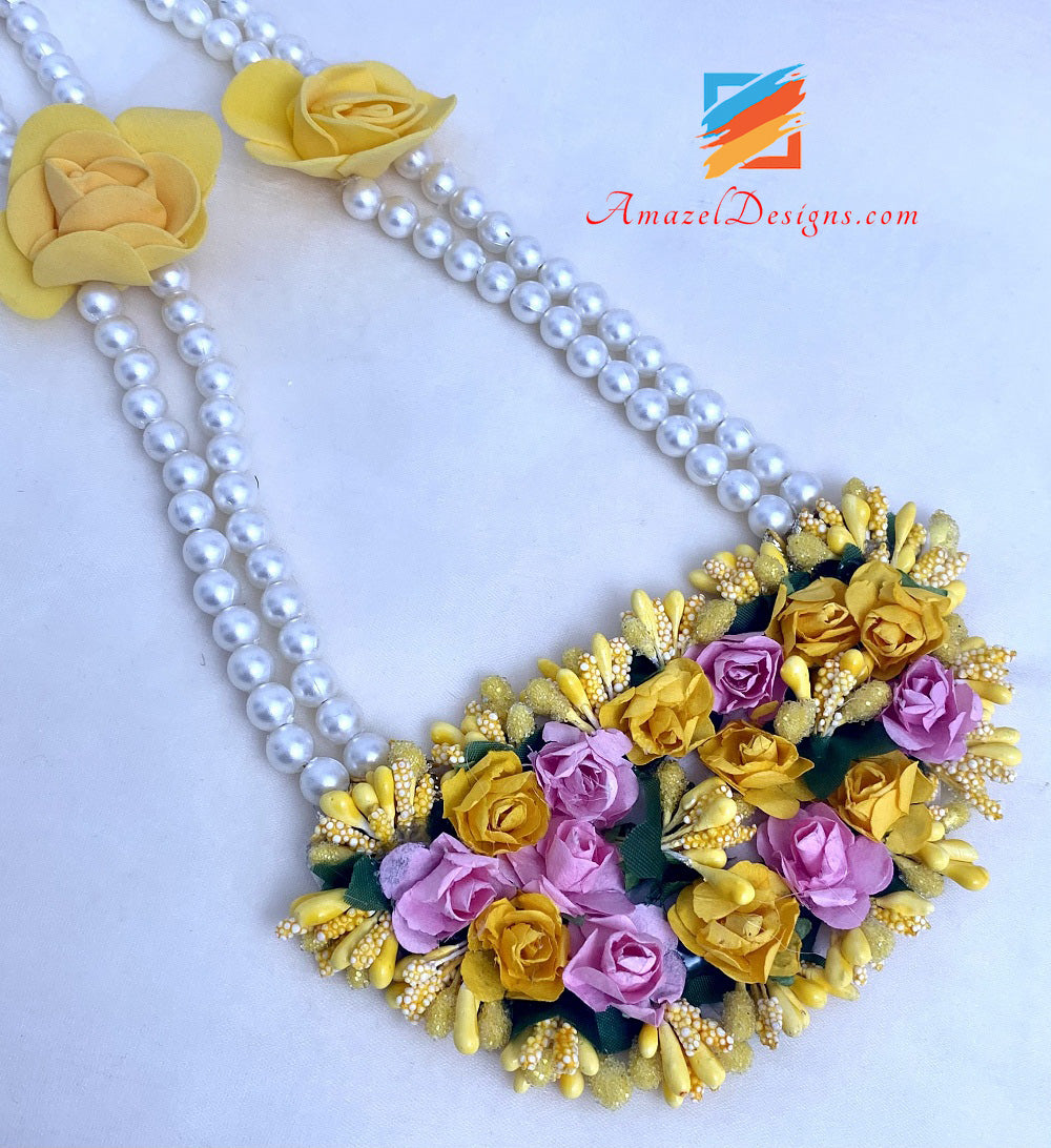 Yellow Pink Long And Choker Double Necklaces Flower Jewellery