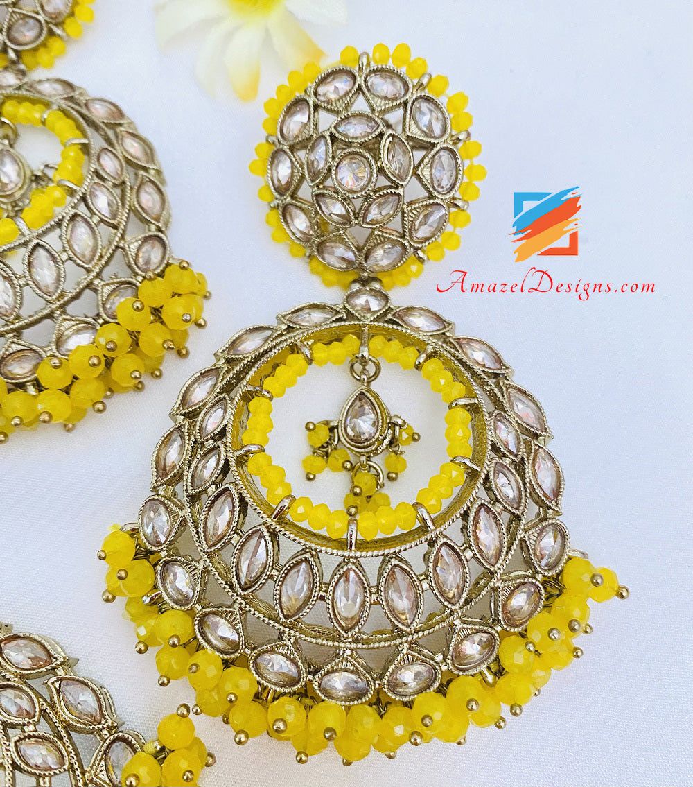 Yellow Polki Earrings Tikka Set