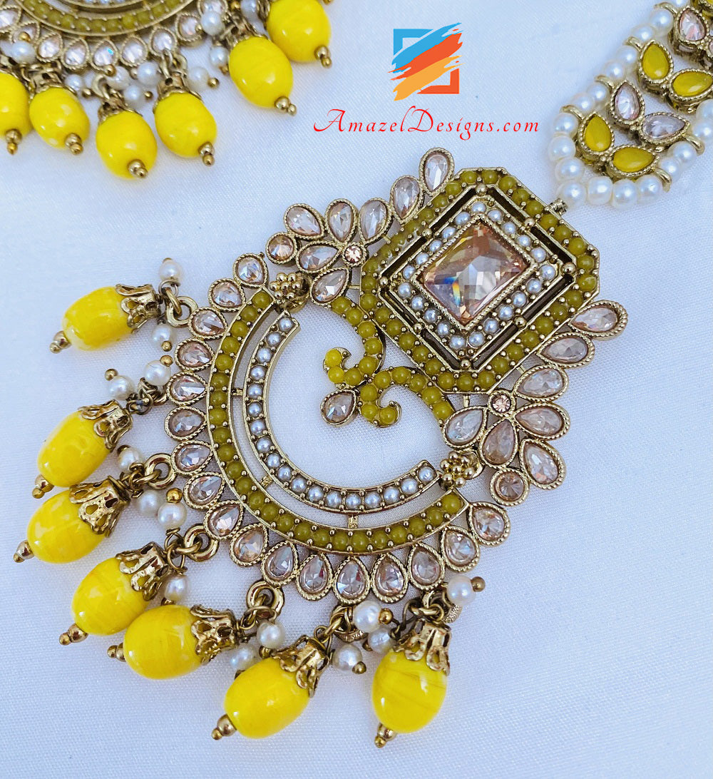 Yellow Polki Earrings Tikka Set