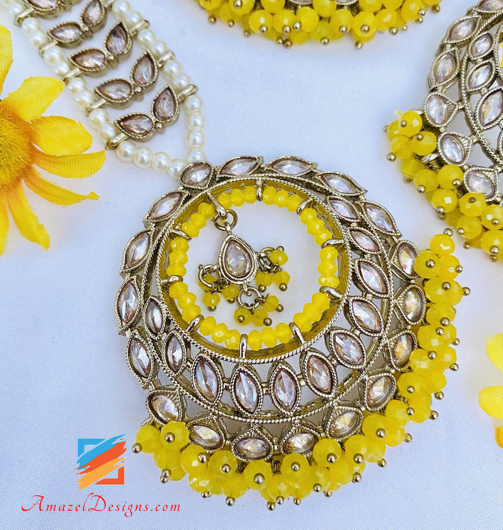 Yellow Polki Earrings Tikka Set