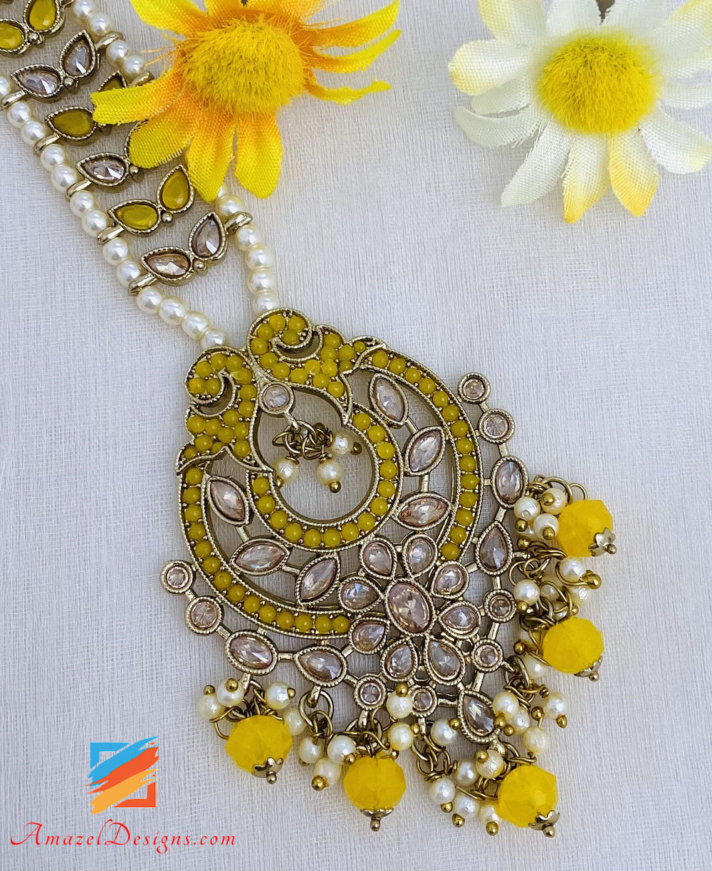 Yellow Polki Oversized Earrings And Tikka Set