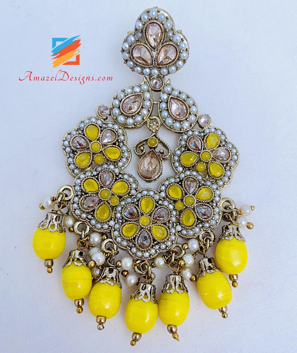 Yellow Polki And Beads Earrings Tikka Set