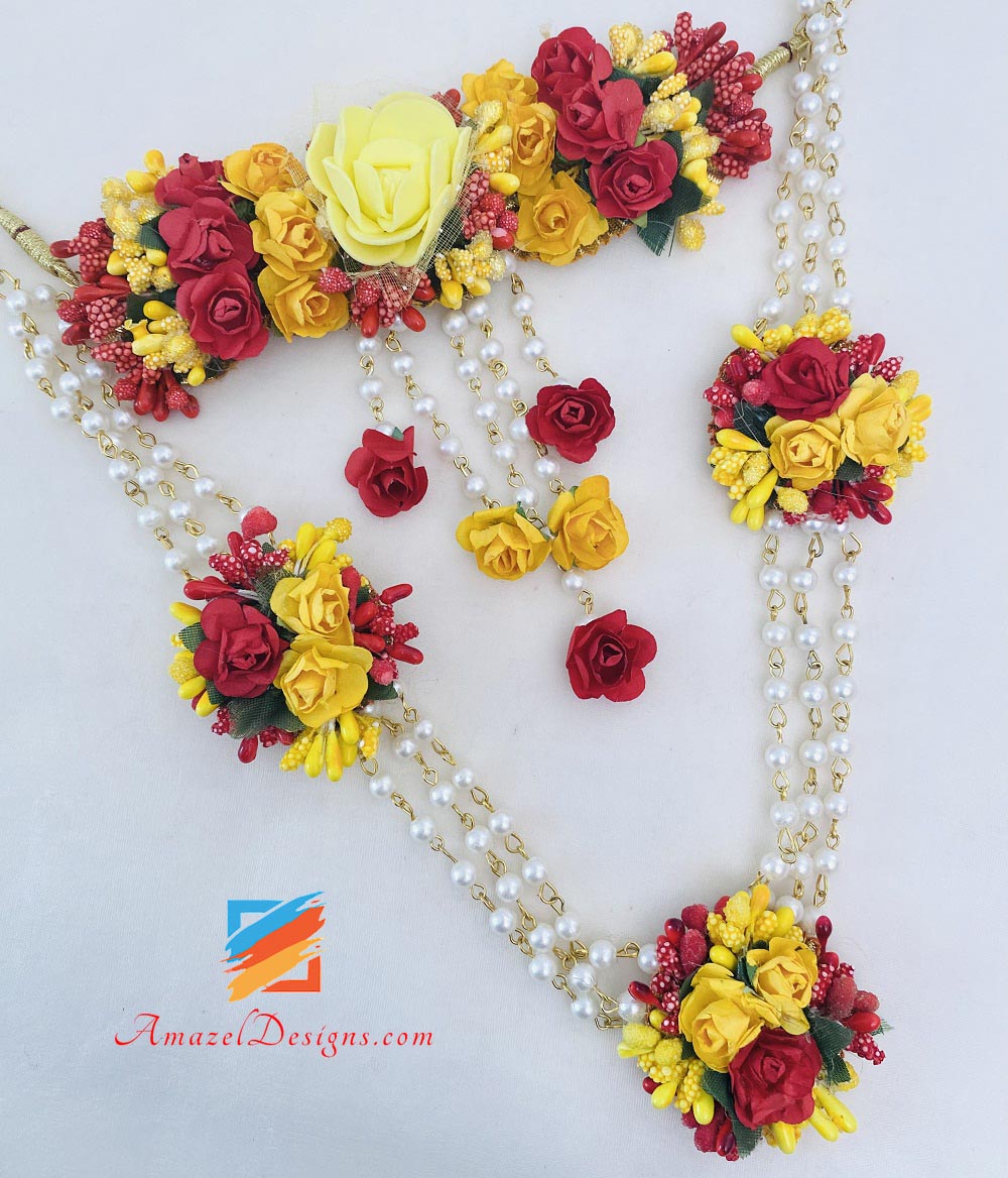 Yellow Red Choker With Long Mala Earrings Tikka