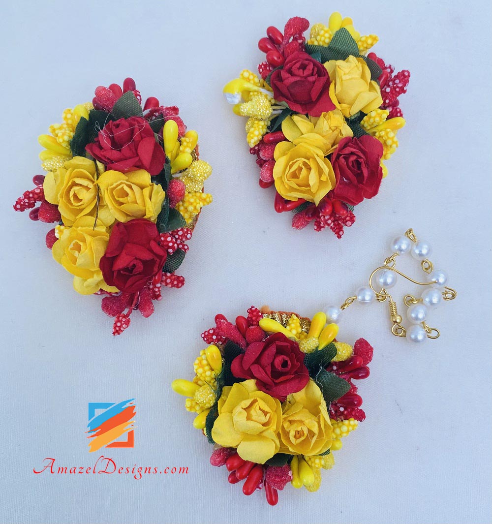 Yellow Red Choker With Long Mala Earrings Tikka