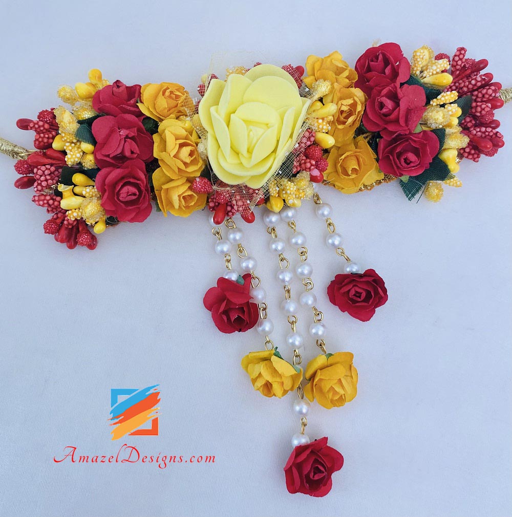 Yellow Red Choker With Long Mala Earrings Tikka