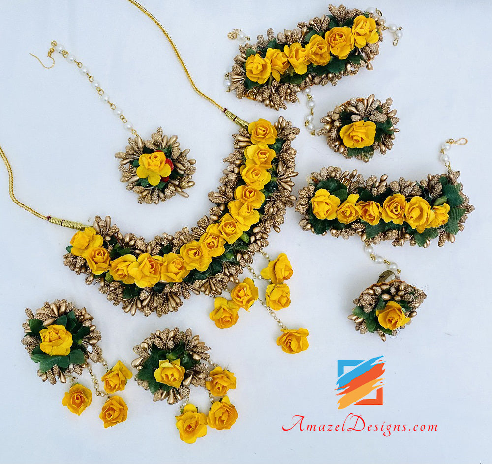 Yellow And Copper Necklace Earrings Tikka And Hand Pieces