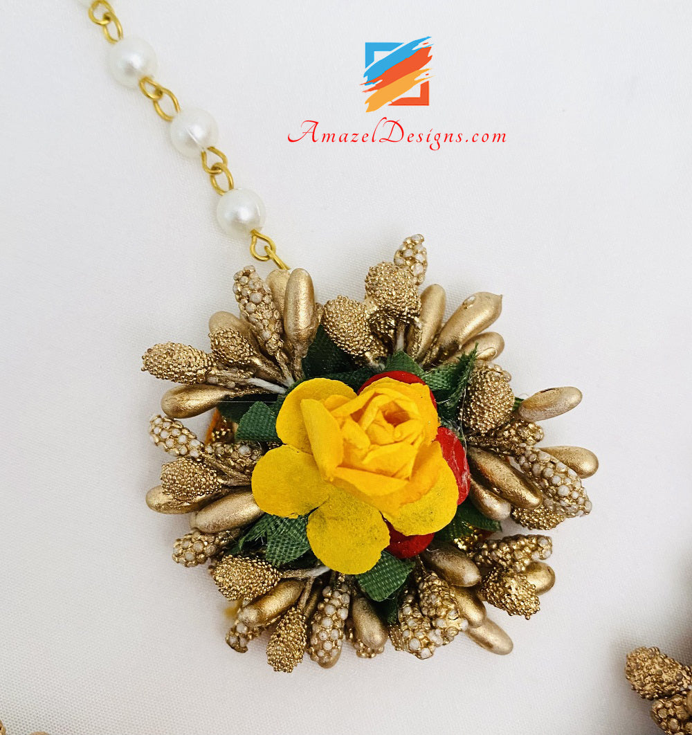 Yellow And Copper Necklace Earrings Tikka And Hand Pieces