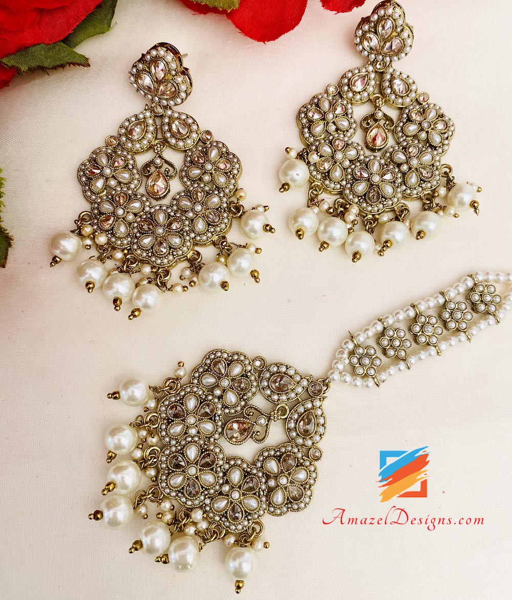 Champagne Polki And Beads Earrings Tikka Set – Amazel Designs
