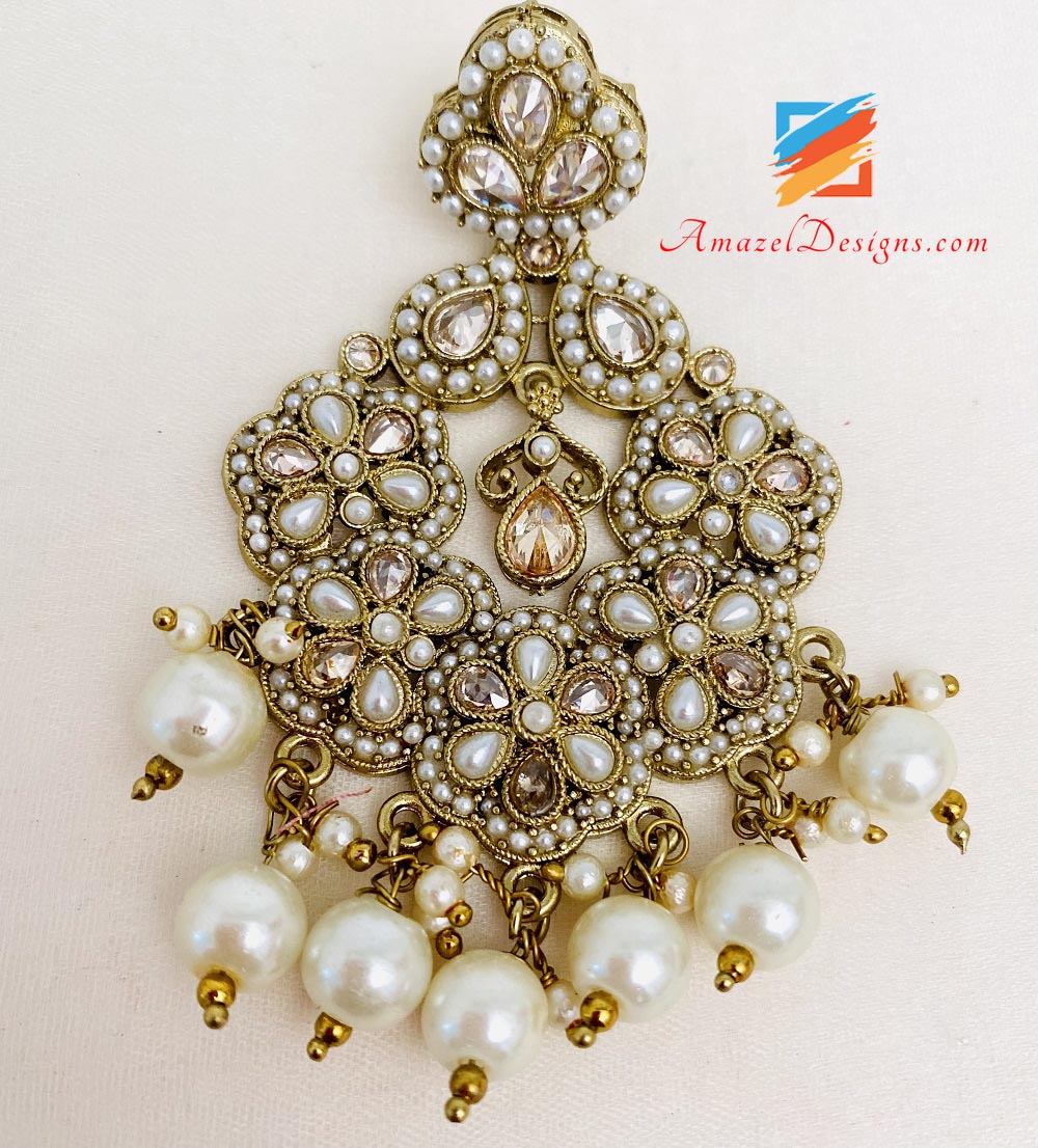 Champagne Polki And Beads Earrings Tikka Set