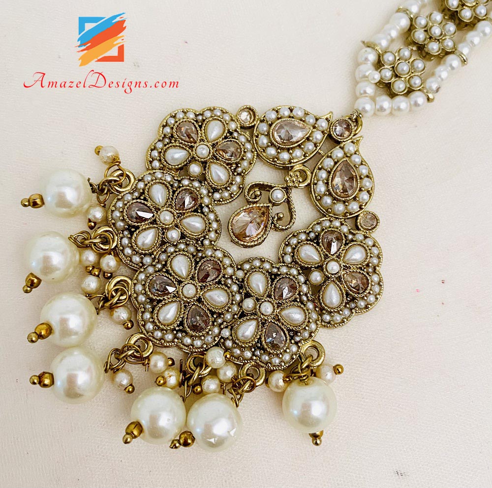 Champagne Polki And Beads Earrings Tikka Set