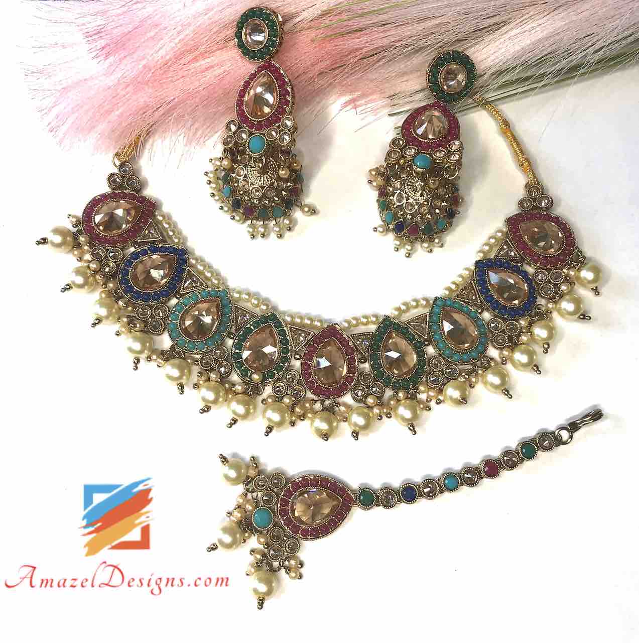 Multicoloured Polki Necklace Earrings Tikka Set