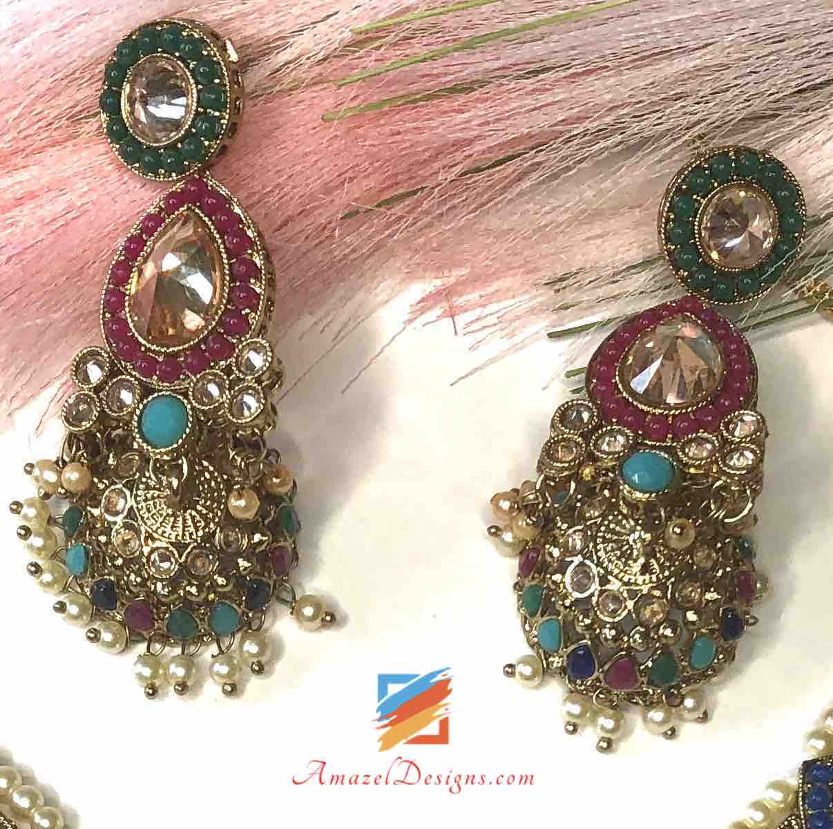 Multicoloured Polki Necklace Earrings Tikka Set